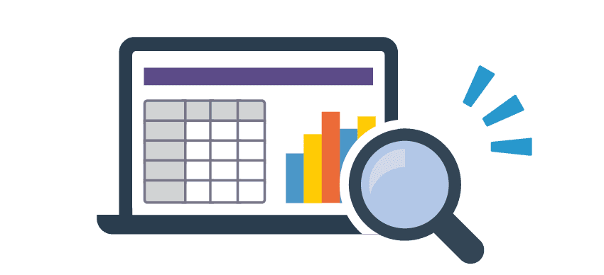 POSの分析画面が表示されたPCに虫眼鏡が注目しているイラスト