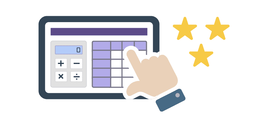 POS画面が表示されたタブレットを操作する手と三つ星のイラスト