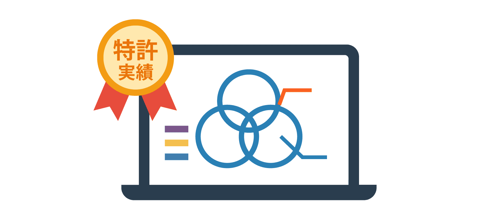 特許マーク付きのPCの画面がデータを分析しているイラスト