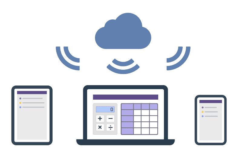クラウドで複数デバイスが連携しているイラスト